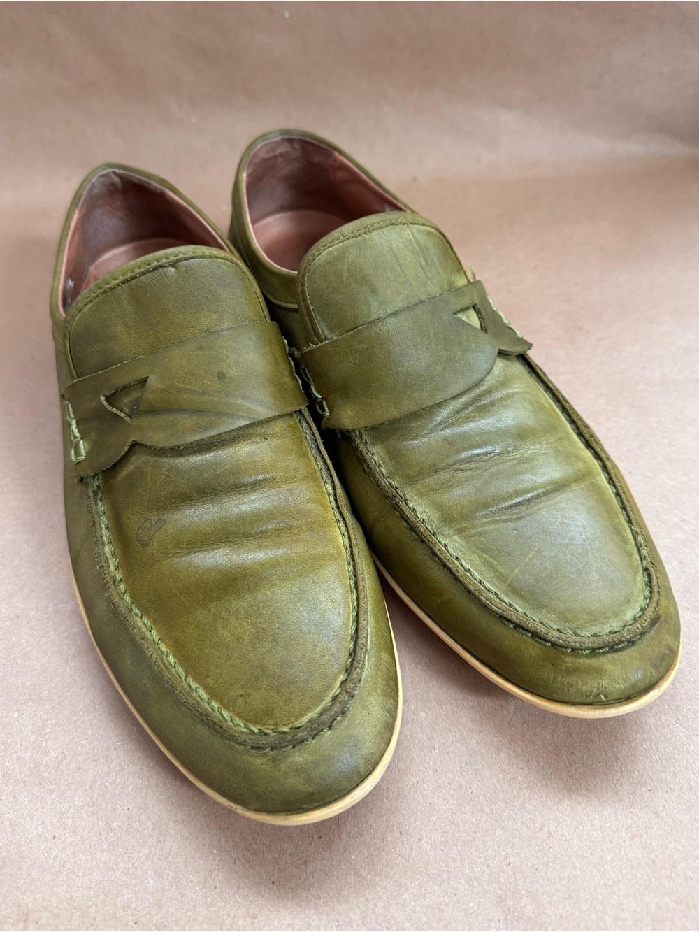 John Fluevog Men's Flight MXP Penny Loafers in green leather. Size 8